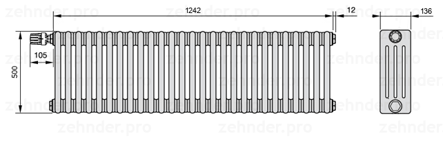 Схема (чертеж) Радиатор Zehnder Charleston 4050/27 №V012 Белый глянцевый RAL 9016